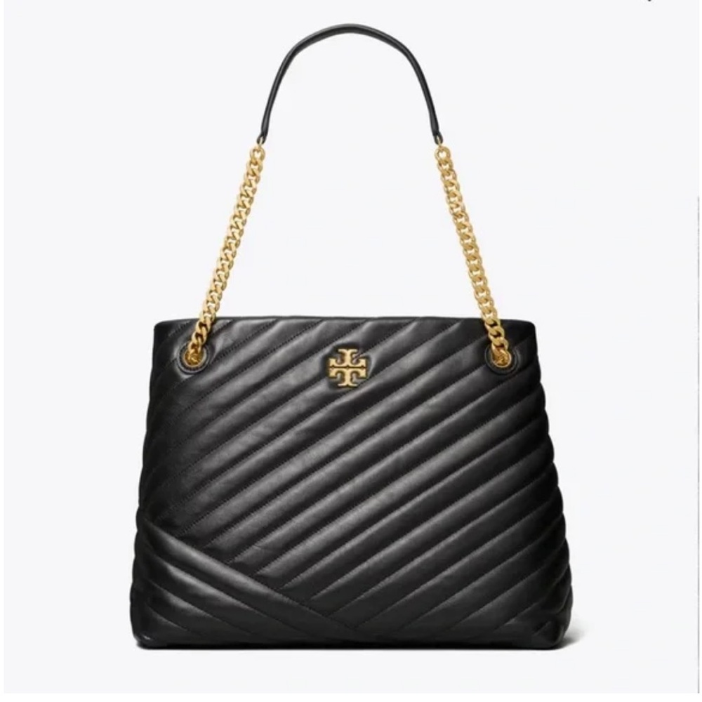 Tory Burch Black Kira Chevron Quilted Tote Bag with Gold Chain